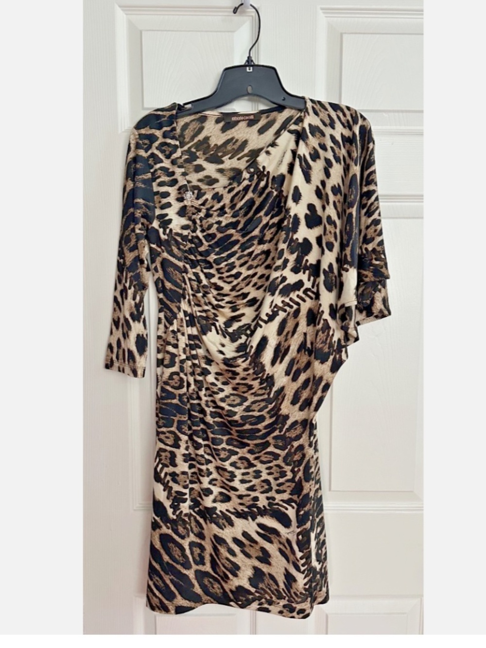 Roberto Cavalli Leopard Dress Asymmetrical Neckline Mid-Length One 3/4 Sleeve, M